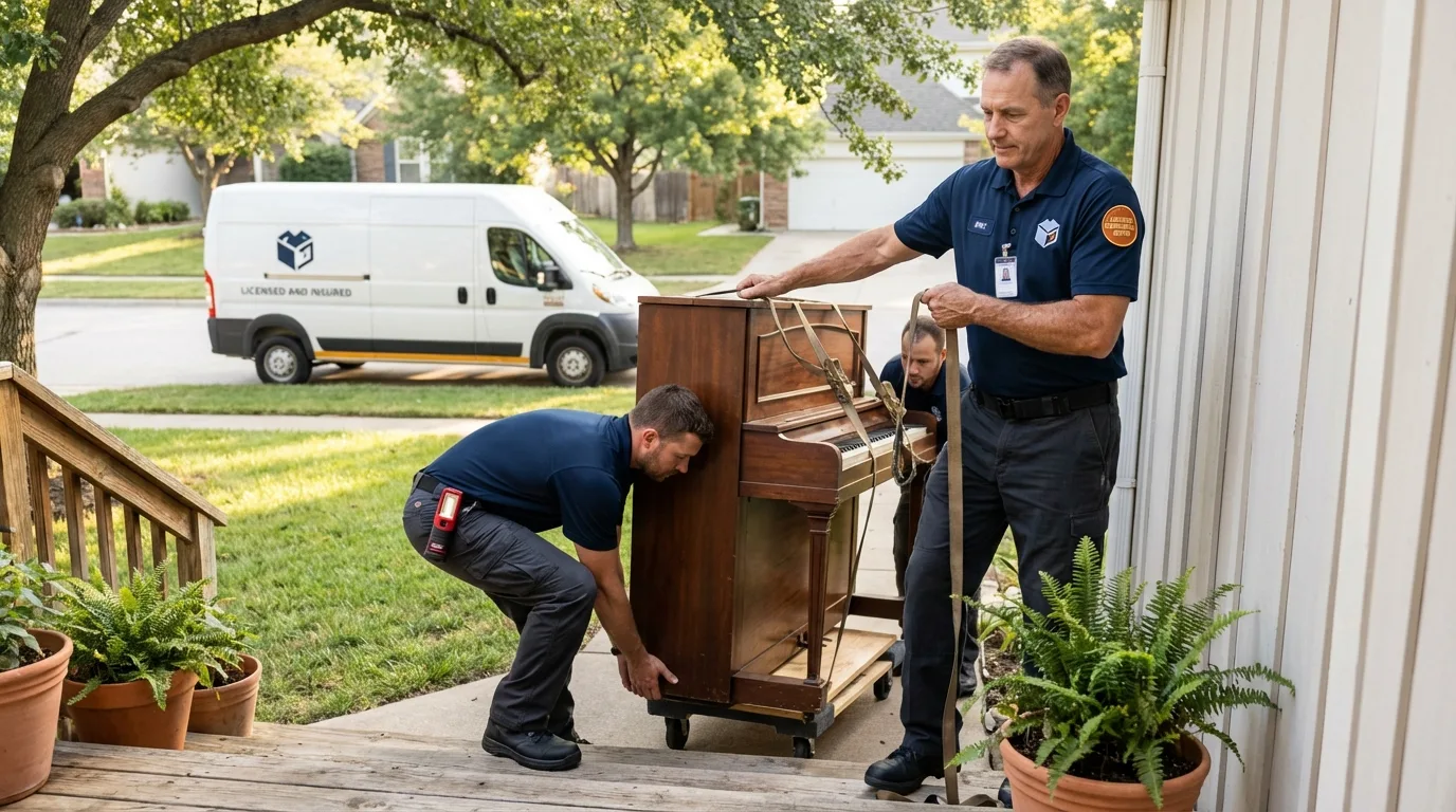 Licensed piano movers securing grand piano in New Haven, MI