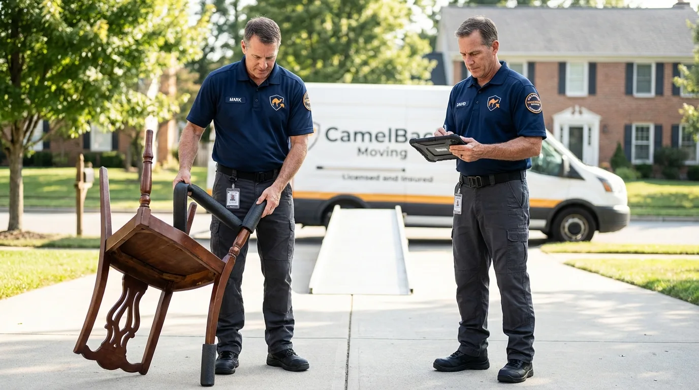 Movers inspecting furniture for damage prevention before loading in New Haven, MI