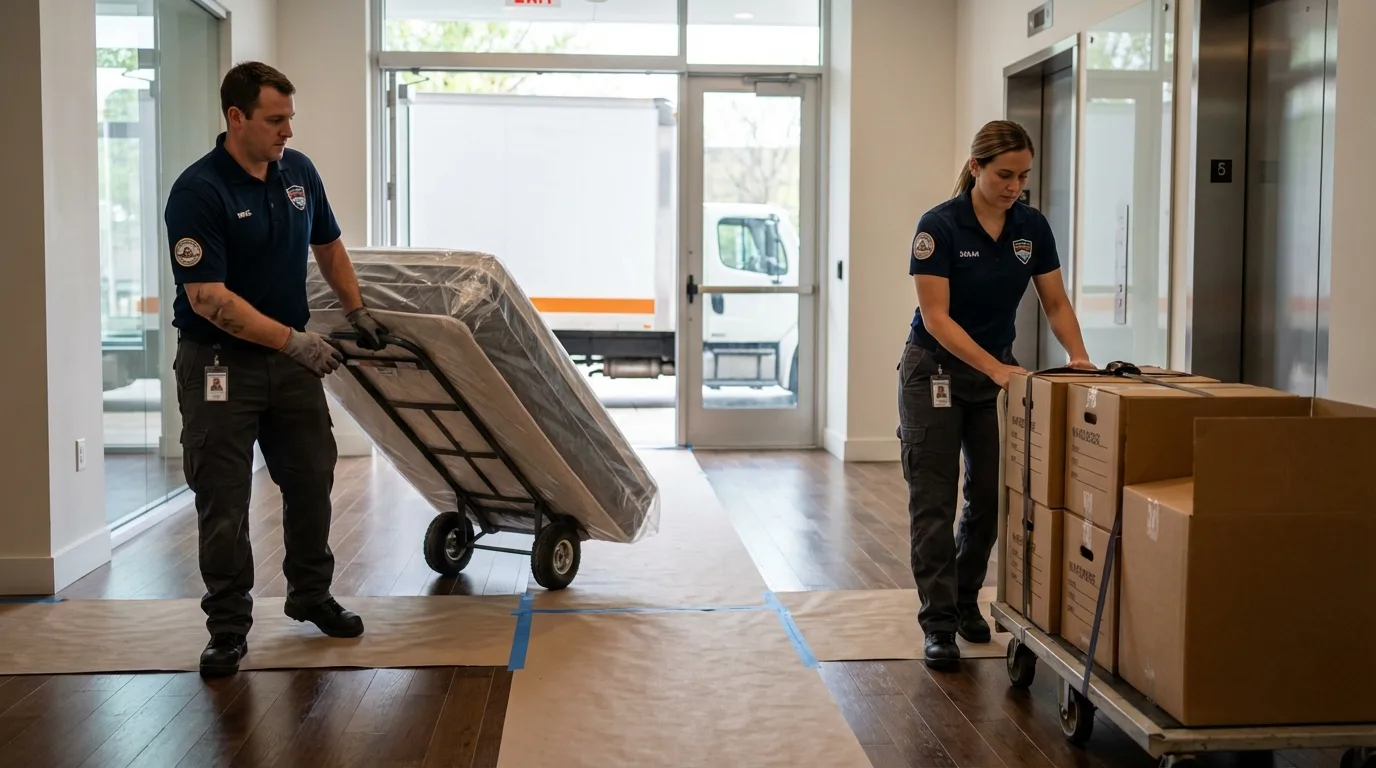 Professional apartment movers loading elevator in New Haven, MI