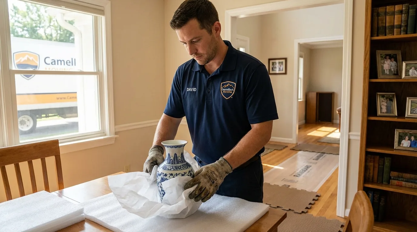 Professional crew carefully wrapping antique vase for senior downsizing move in New Haven, MI